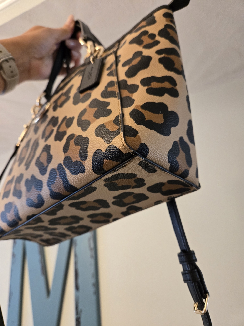 Coach Leopard-Print Leather Tote in Tan and Black with Gold Hardware - Picture 2 of 9